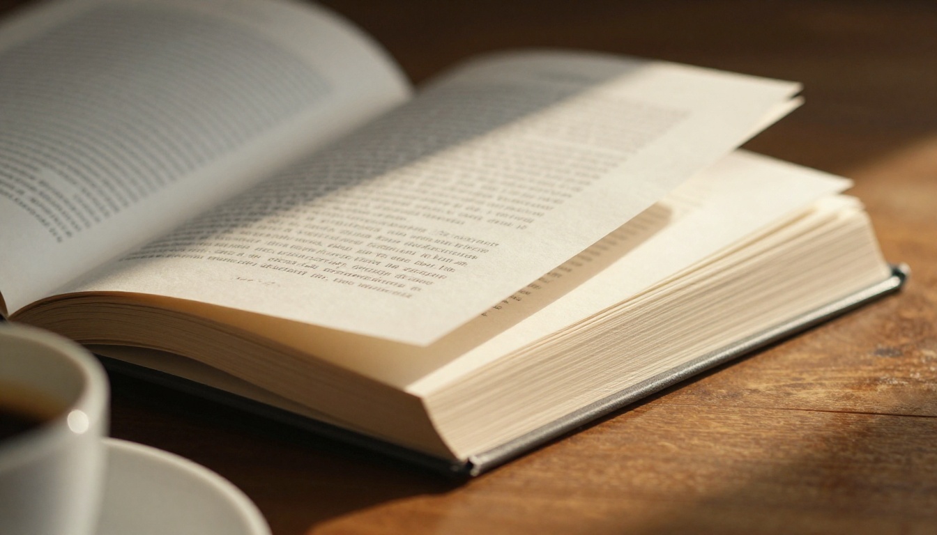 A book page caught mid-turn against warm golden window light, paper texture visible in intimate close-up A book page caught mid-turn against warm golden window light, paper texture visible in intimate close-up