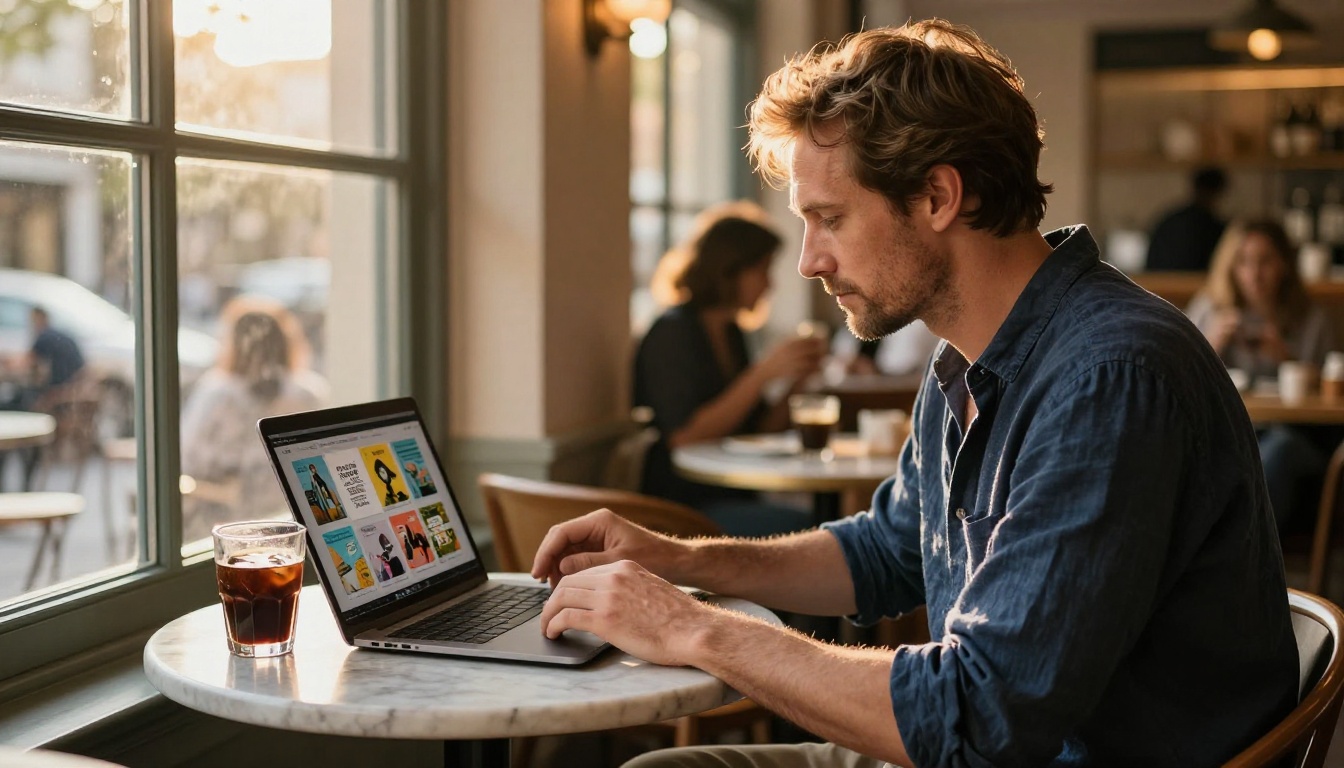 A man reading an interactive flipbook on a laptop at a cafe with warm golden afternoon light through a large window A man reading an interactive flipbook on a laptop at a cafe with warm golden afternoon light through a large window
