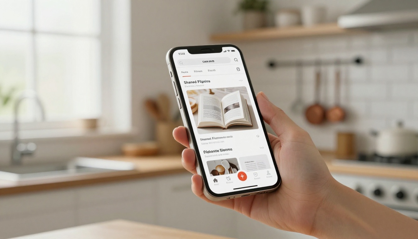 A woman's hand holding a white iPhone showing a shared flipbook link preview in a bright, airy kitchen setting A woman's hand holding a white iPhone showing a shared flipbook link preview in a bright, airy kitchen setting