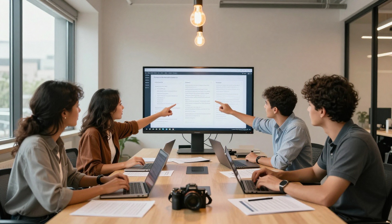 A branding team reviewing a digital eBook publication together on a large monitor at a modern conference table A branding team reviewing a digital eBook publication together on a large monitor at a modern conference table