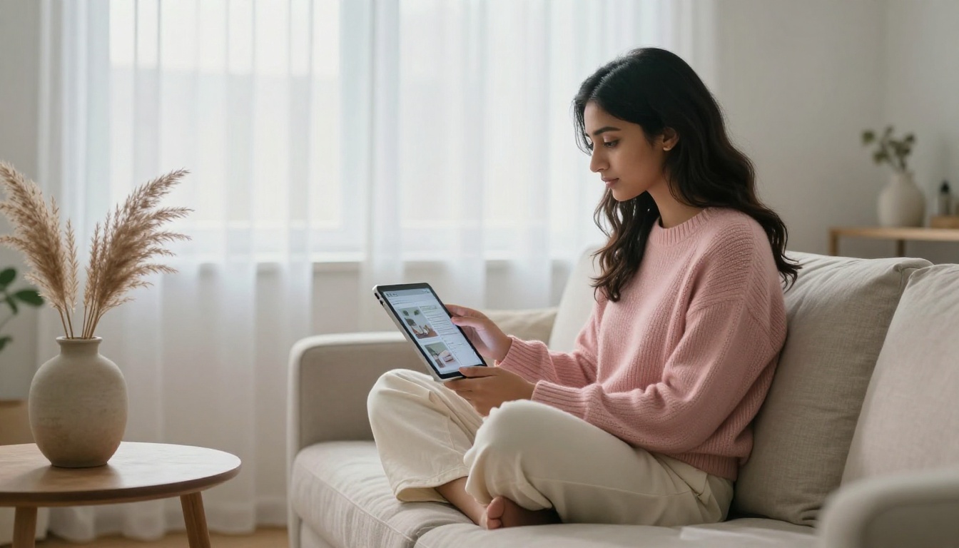 A young woman sitting cross-legged on a linen sofa in a bright Scandinavian living room reading an interactive flipbook on a white iPad A young woman sitting cross-legged on a linen sofa in a bright Scandinavian living room reading an interactive flipbook on a white iPad