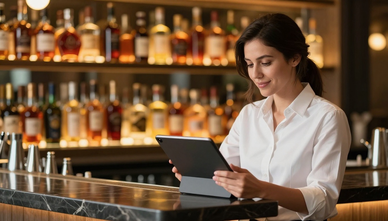 A confident restaurant manager updating menu prices on a sleek tablet at a modern bar, amber-lit bottles blurred in warm bokeh behind her