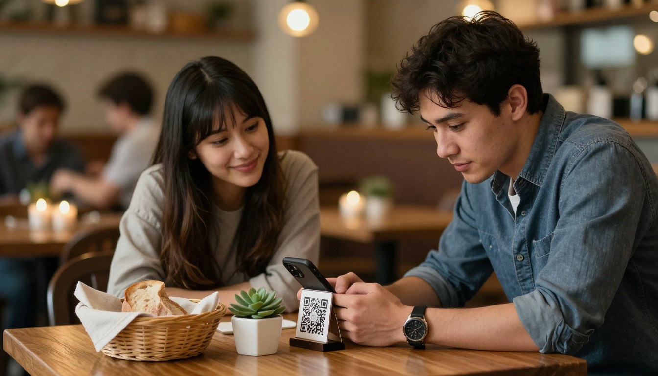 A young couple leaning forward at a cozy bistro table scanning a QR code stand with a smartphone, warm candlelight bokeh behind them