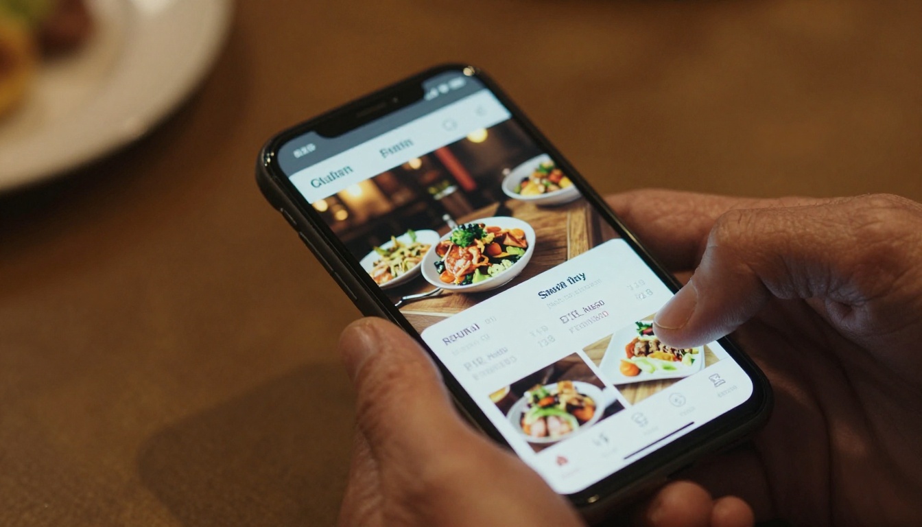 Extreme close-up of weathered hands holding a smartphone displaying a vibrant digital restaurant menu with vivid food photography