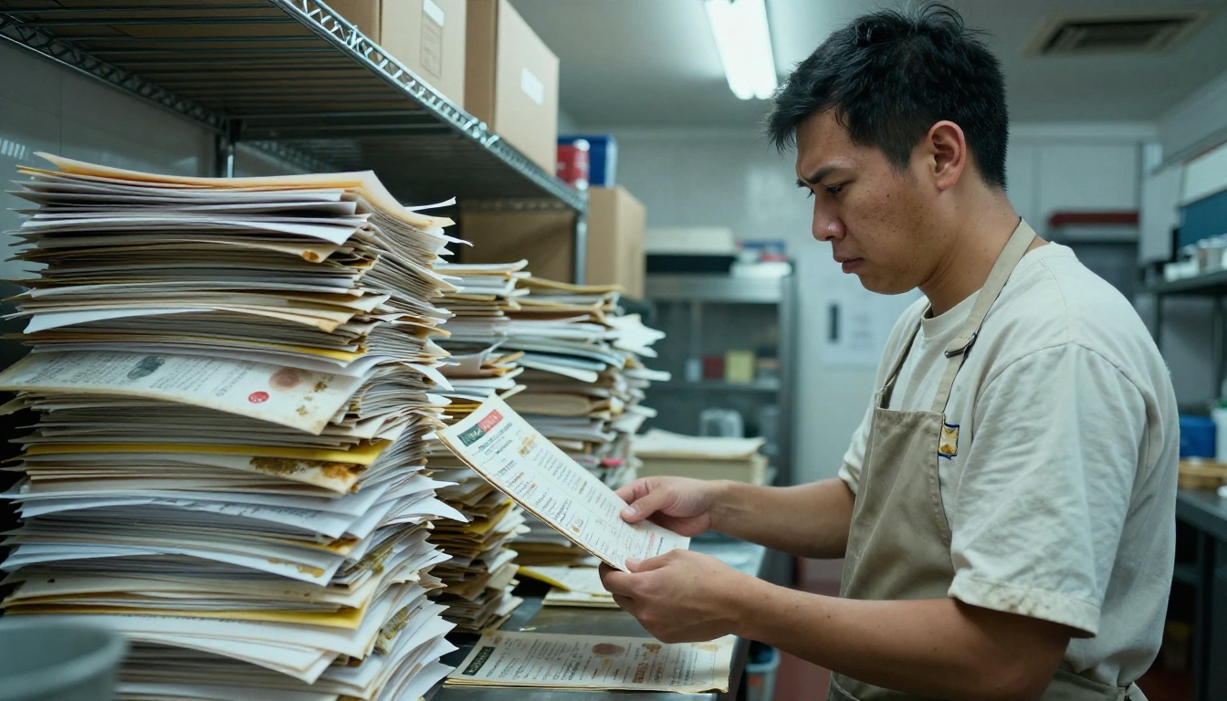 A kitchen worker sorting through worn, stained laminated paper menus with visible aging and torn edges in a restaurant back-of-house