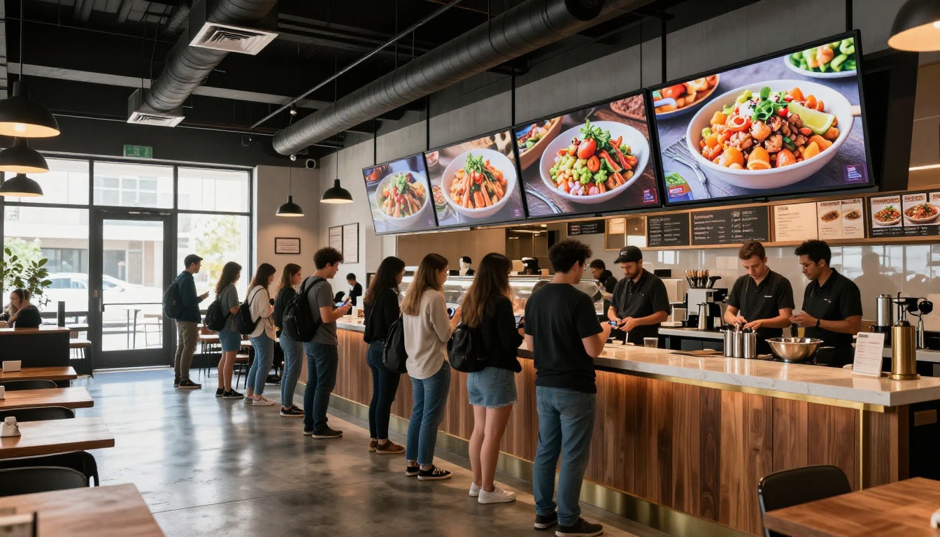 Wide interior shot of a sleek modern fast-casual restaurant during lunch rush with large backlit digital menu boards glowing above the service counter