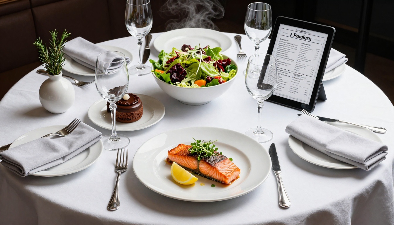 Aerial flat lay overhead shot of a restaurant table with plated salmon, salad and dessert dishes surrounding a digital menu tablet, crystal wine glasses and folded linen napkins