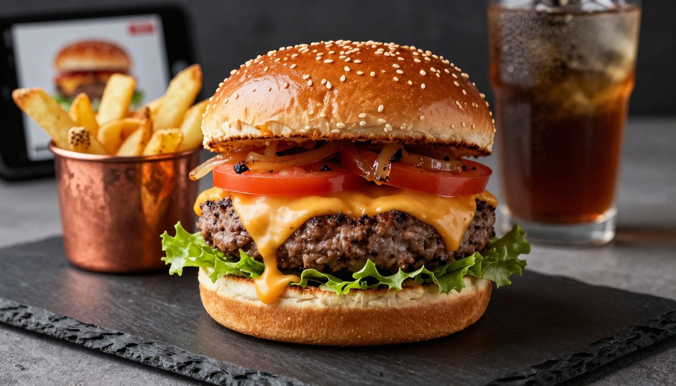 A beautifully plated gourmet smash burger on slate with truffle fries, a blurred smartphone showing a digital restaurant menu in the background