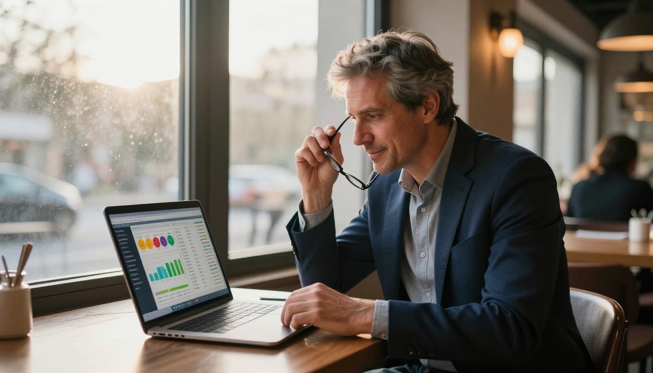 A focused restaurant owner with salt-and-pepper hair reviewing colorful analytics dashboards on a laptop in a quiet corner booth with morning window light