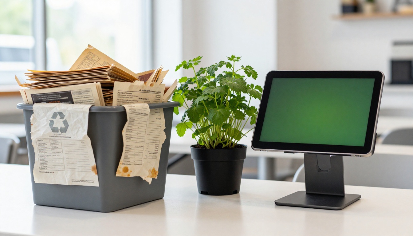 Split composition showing a recycling bin overflowing with discarded paper menus on the left, a clean modern tablet on a restaurant table on the right, a potted herb plant between them as divider