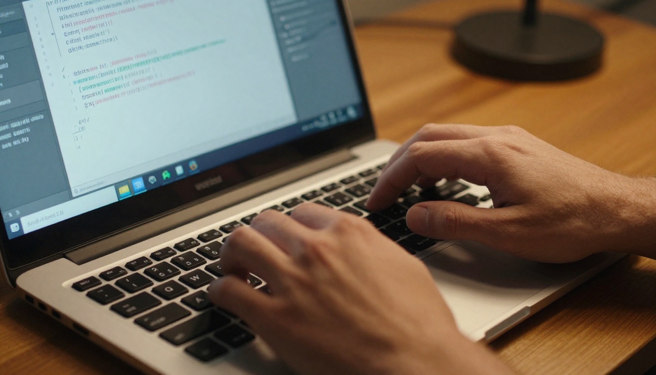 Close-up of hands typing on a mechanical keyboard with WordPress Gutenberg editor visible in the background