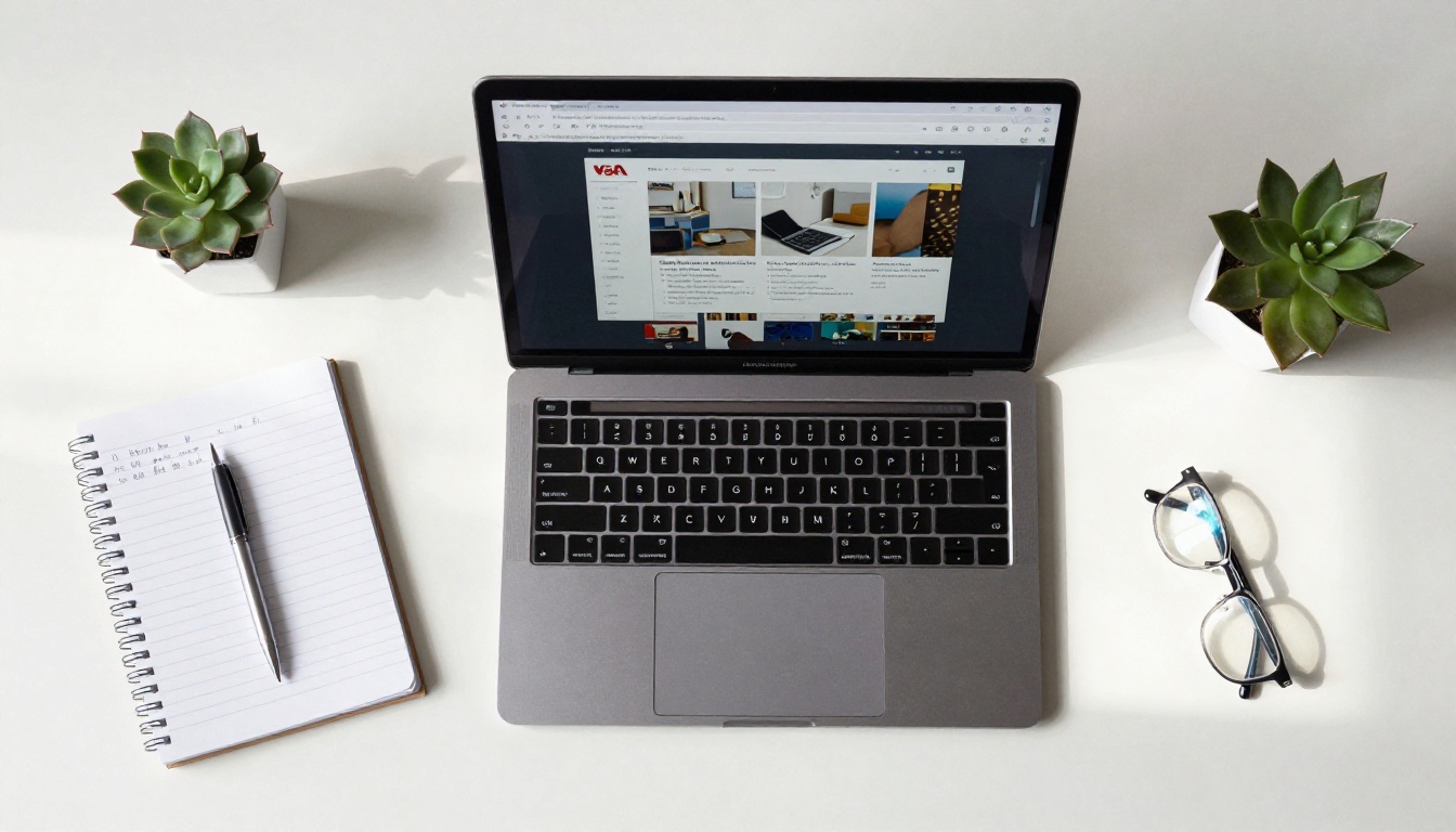 Aerial flat-lay of a minimalist desk with a laptop showing PDF conversion to a digital flipbook