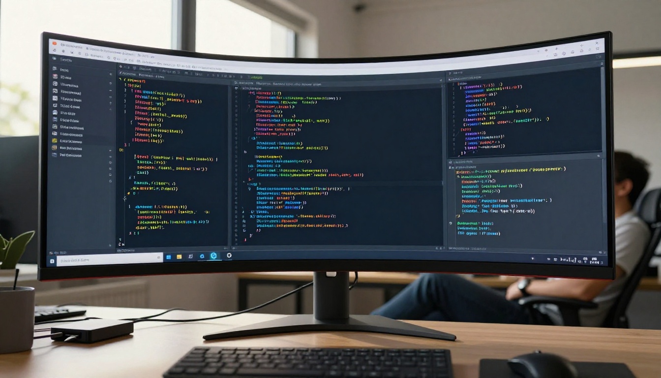 Low-angle view of a developer leaning back at a large ultrawide monitor showing HTML iFrame embed code
