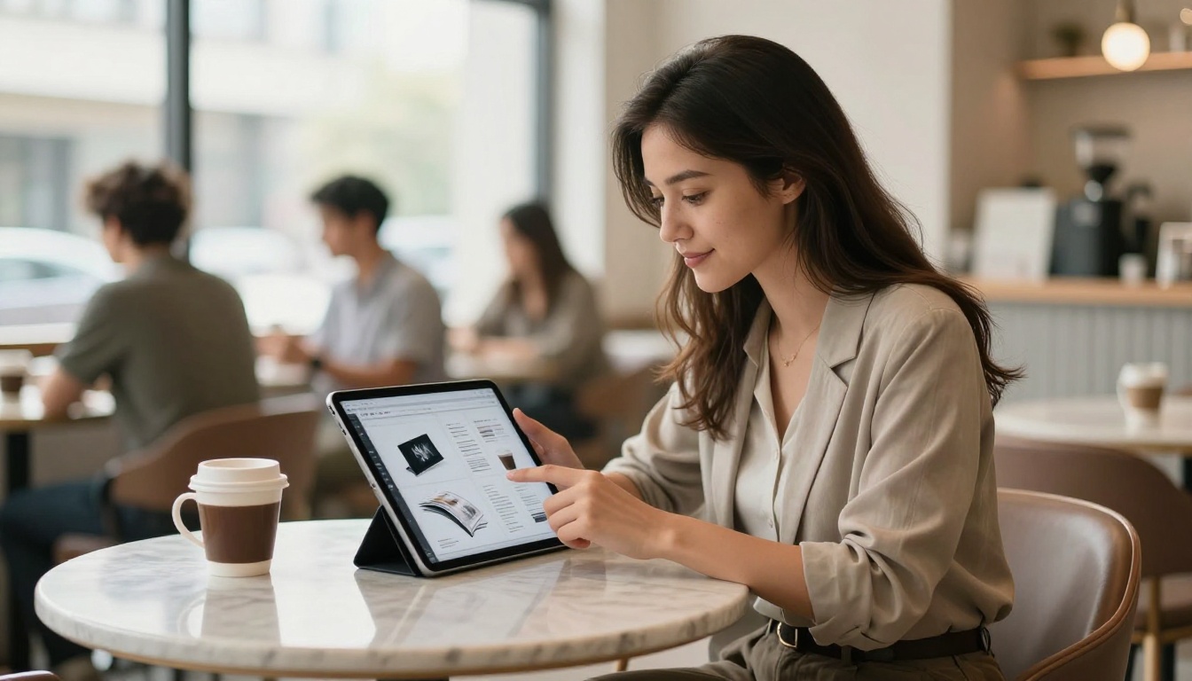 Young woman in a bright cafe browsing a digital flipbook product catalog on a tablet