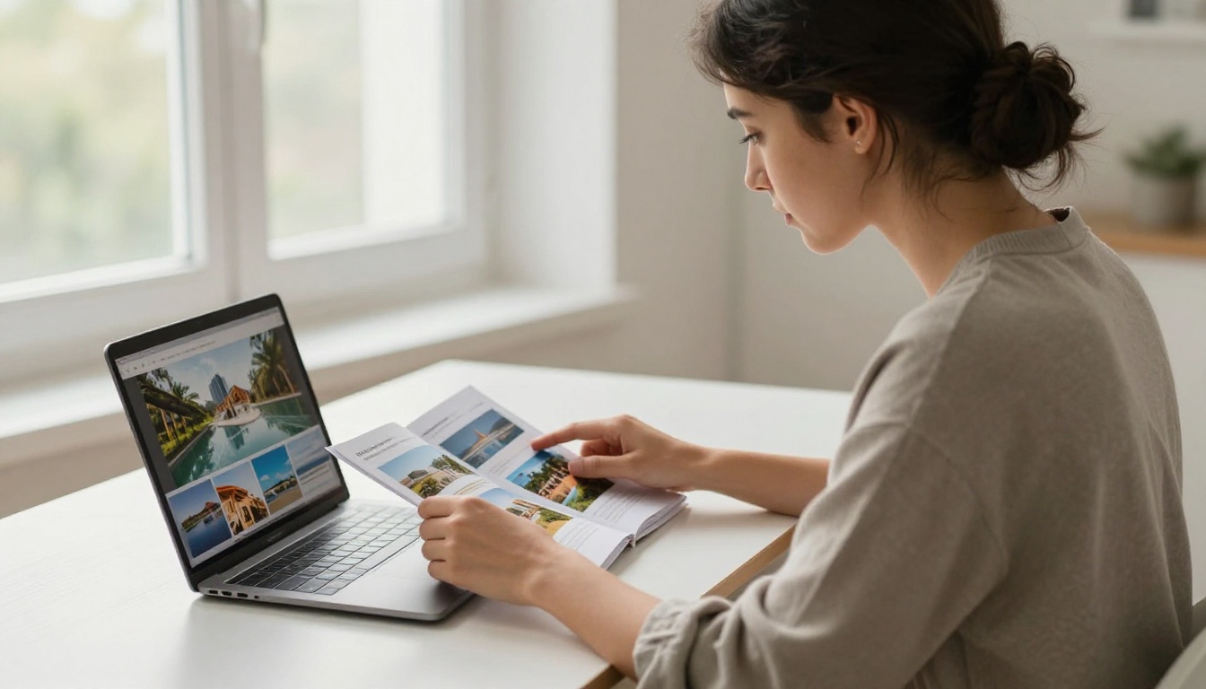 Stylish young woman with dark hair browsing a travel flipbook on a slim laptop at a Scandinavian desk