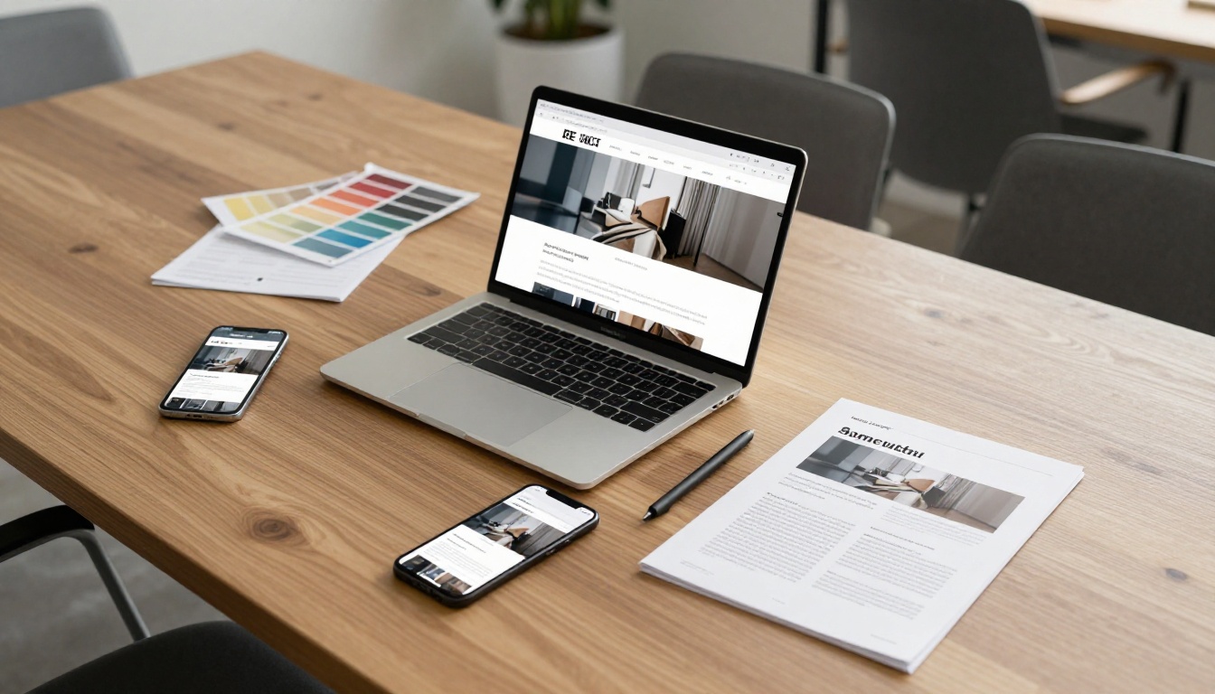 Top-down view of three devices - laptop, smartphone, and printed PDF - on a conference table demonstrating responsive flipbook viewing