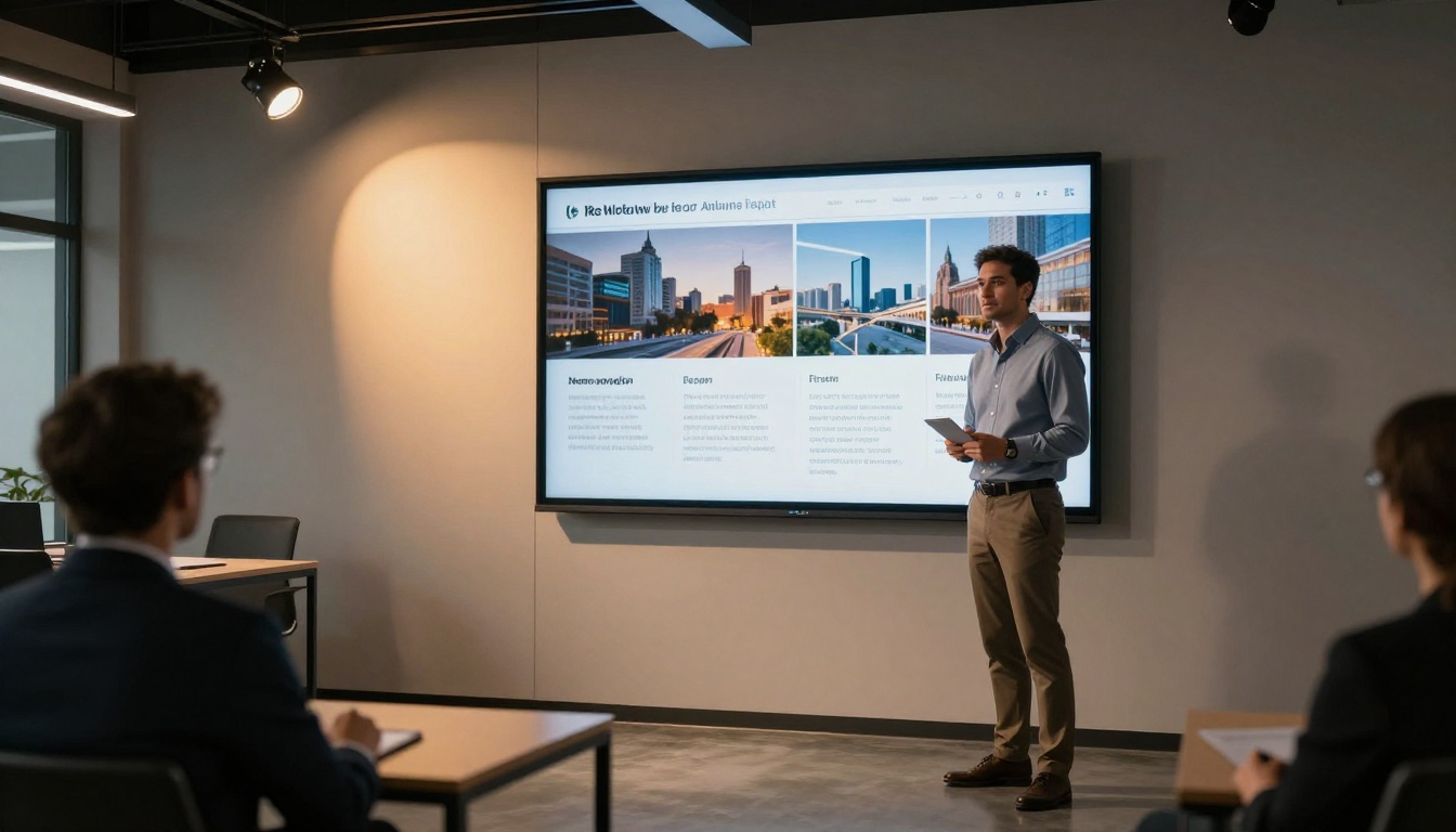 Confident male presenter showing a corporate annual report as a digital flipbook on a large wall display in a boardroom