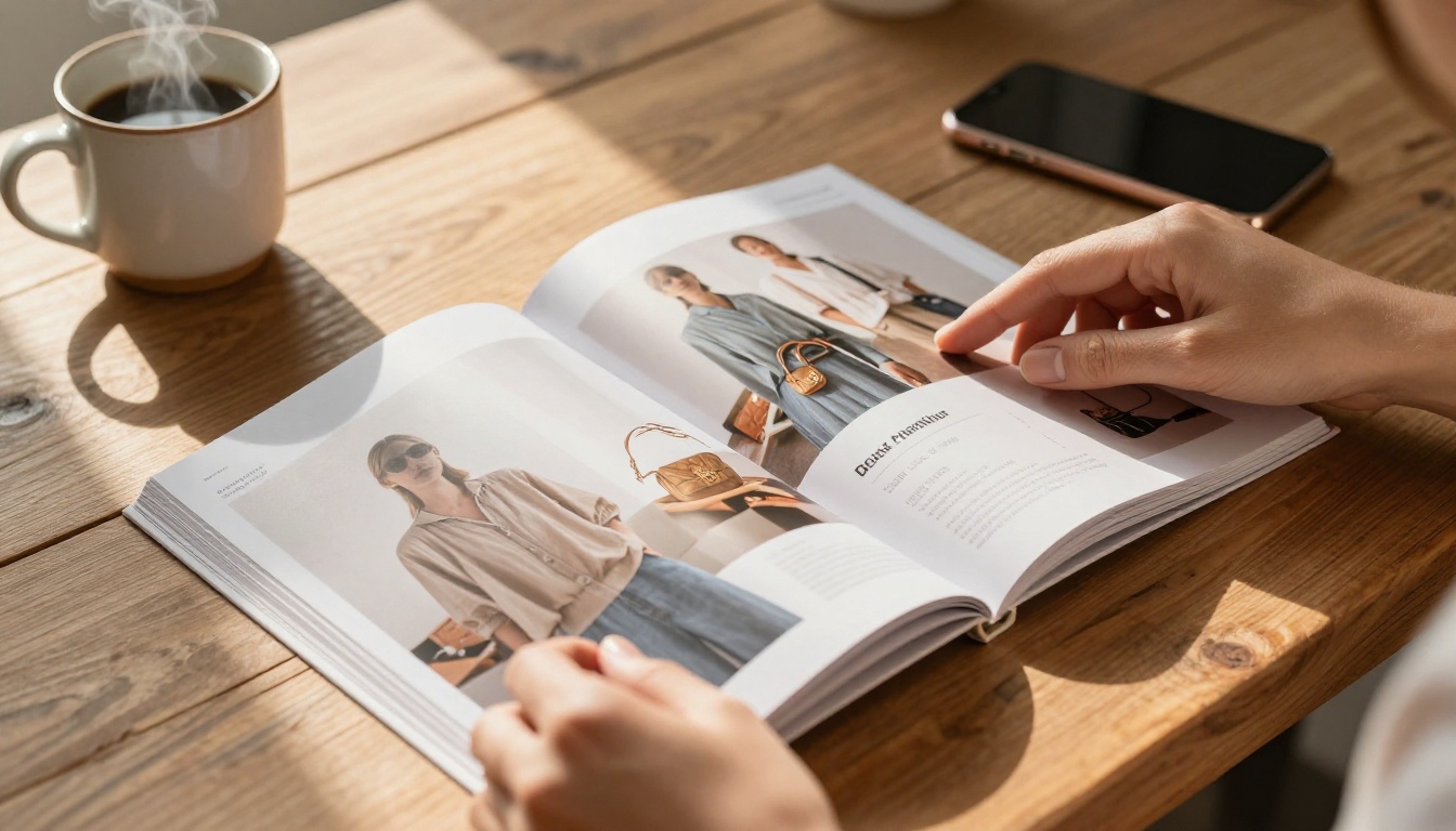 Hands flipping through a product catalog on a wooden desk with morning light Hands flipping through a product catalog on a wooden desk with morning light