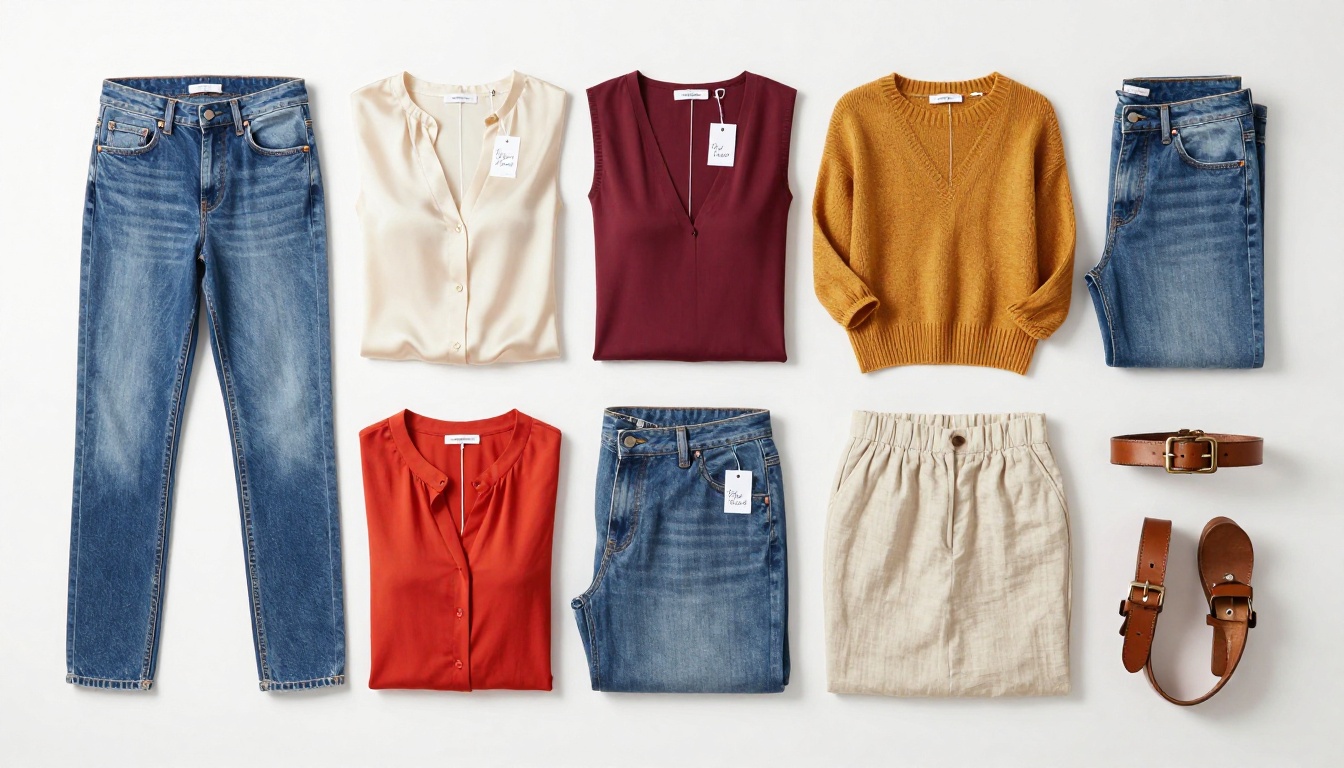Aerial flat-lay of clothing items arranged in a product grid on white surface Aerial flat-lay of clothing items arranged in a product grid on white surface