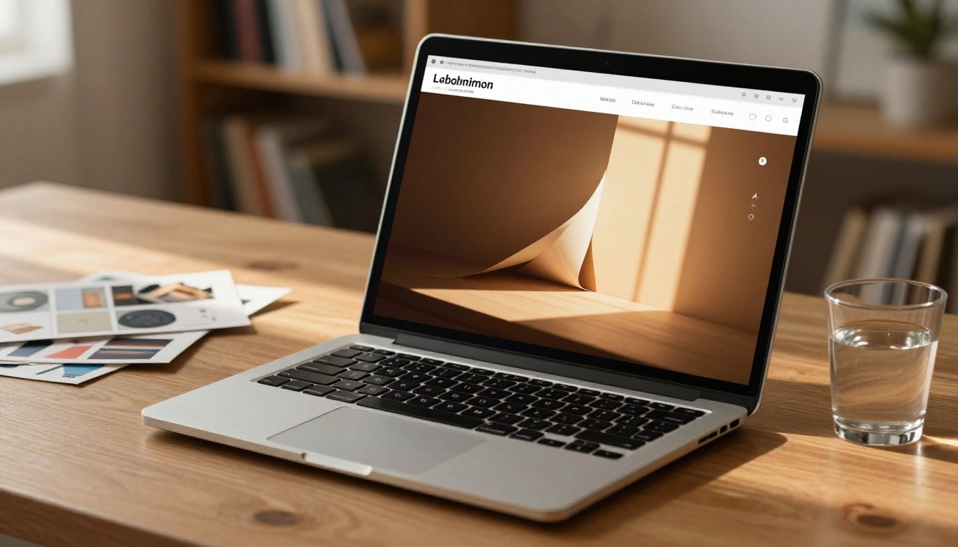 Laptop on wooden desk showing digital flipbook catalog with page turning Laptop on wooden desk showing digital flipbook catalog with page turning