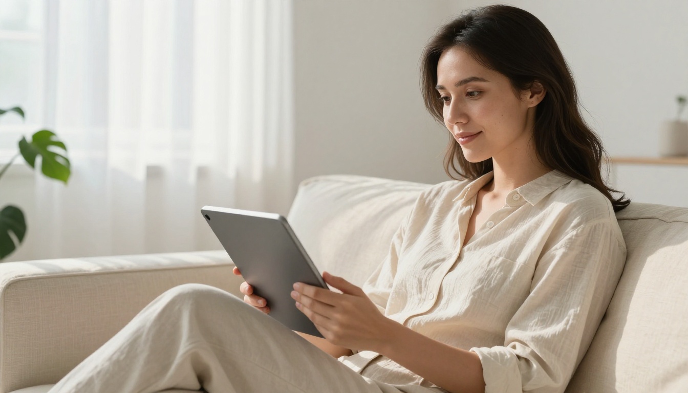 Woman browsing shoppable product catalog on tablet in minimalist living room Woman browsing shoppable product catalog on tablet in minimalist living room