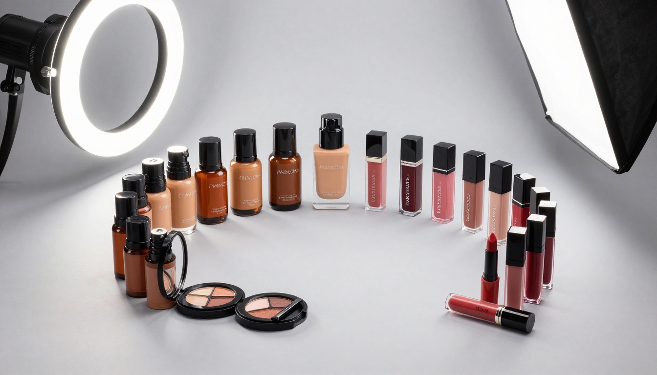 Professional beauty products arranged on grey backdrop with commercial lighting Professional beauty products arranged on grey backdrop with commercial lighting