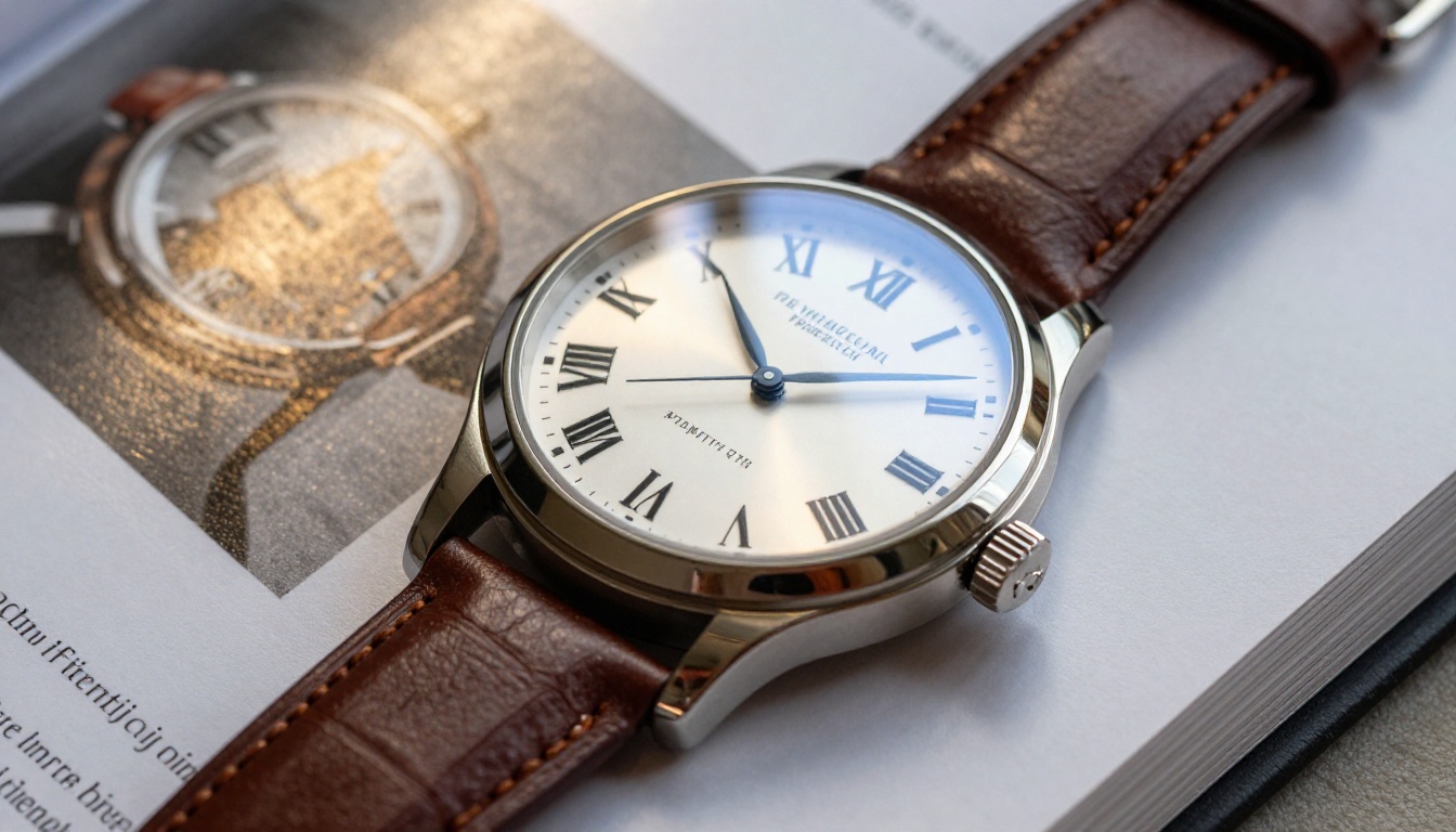 Luxury watch placed on open glossy catalog page with morning window light Luxury watch placed on open glossy catalog page with morning window light