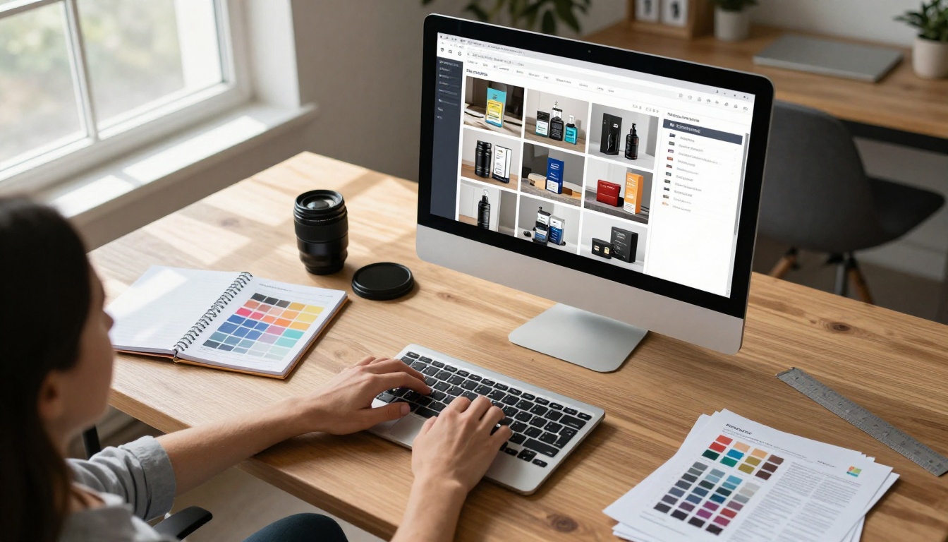 Small business owner organizing product photos on iMac for digital catalog Small business owner organizing product photos on iMac for digital catalog