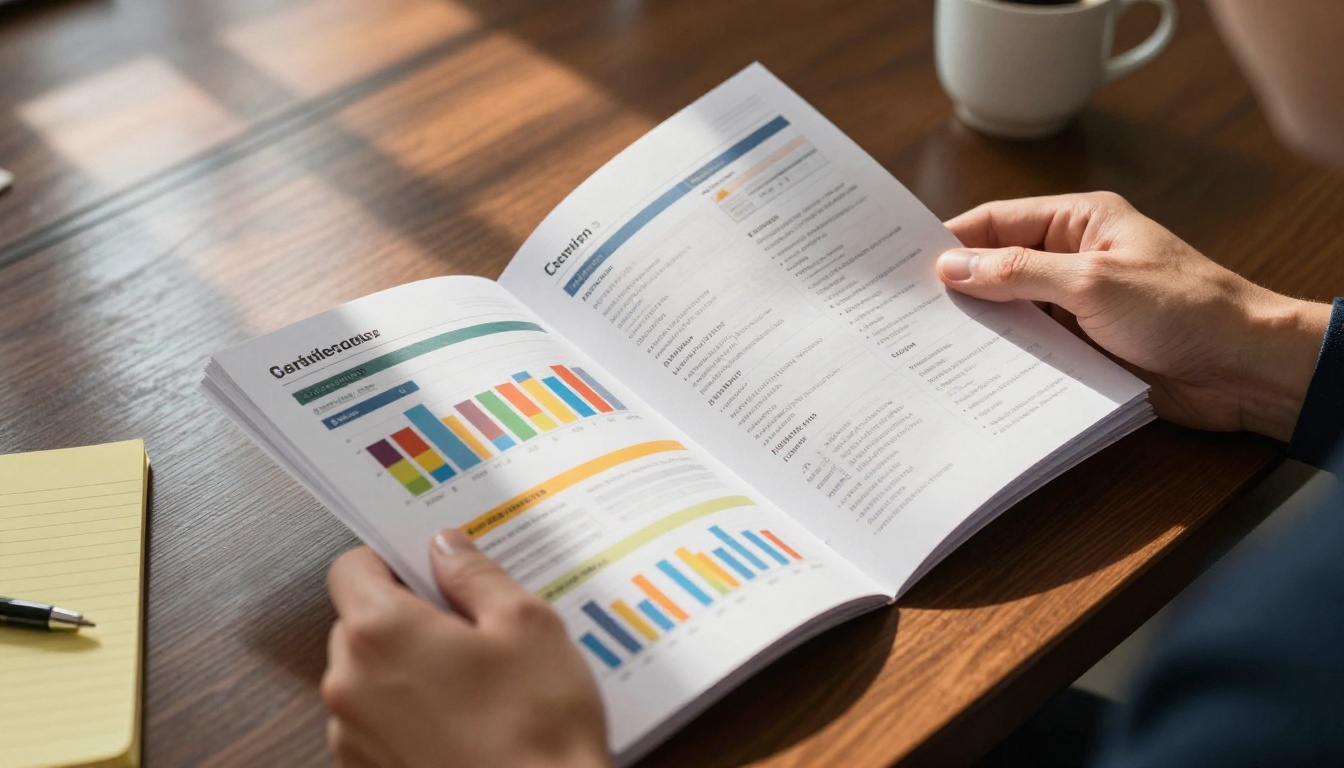 A business professional's hands holding an open printed conference handout brochure at a polished walnut conference table, pages splayed open showing colorful charts and session schedules