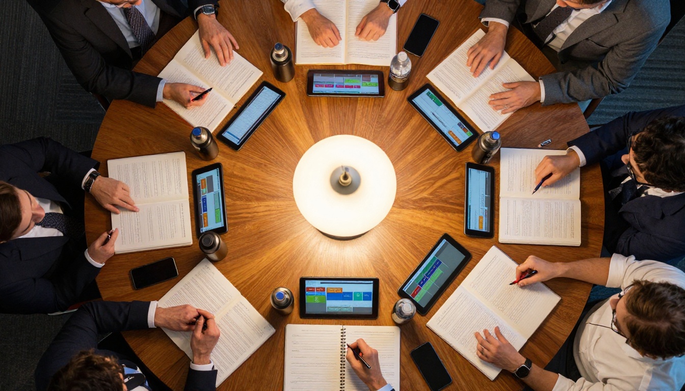 Aerial top-down view of a round conference table with business professionals collaborating over printed materials and tablets
