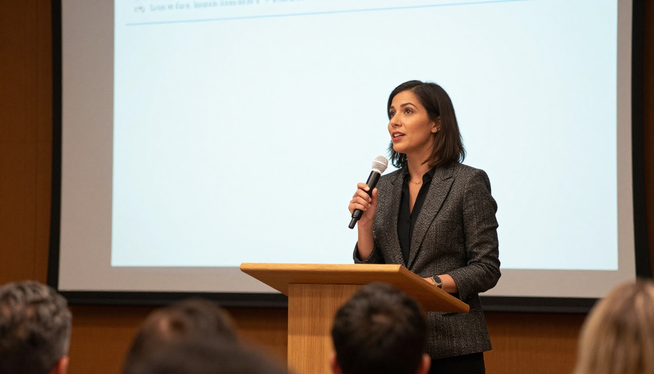 A confident female speaker presenting at a podium in a conference hall with attendees visible in the foreground