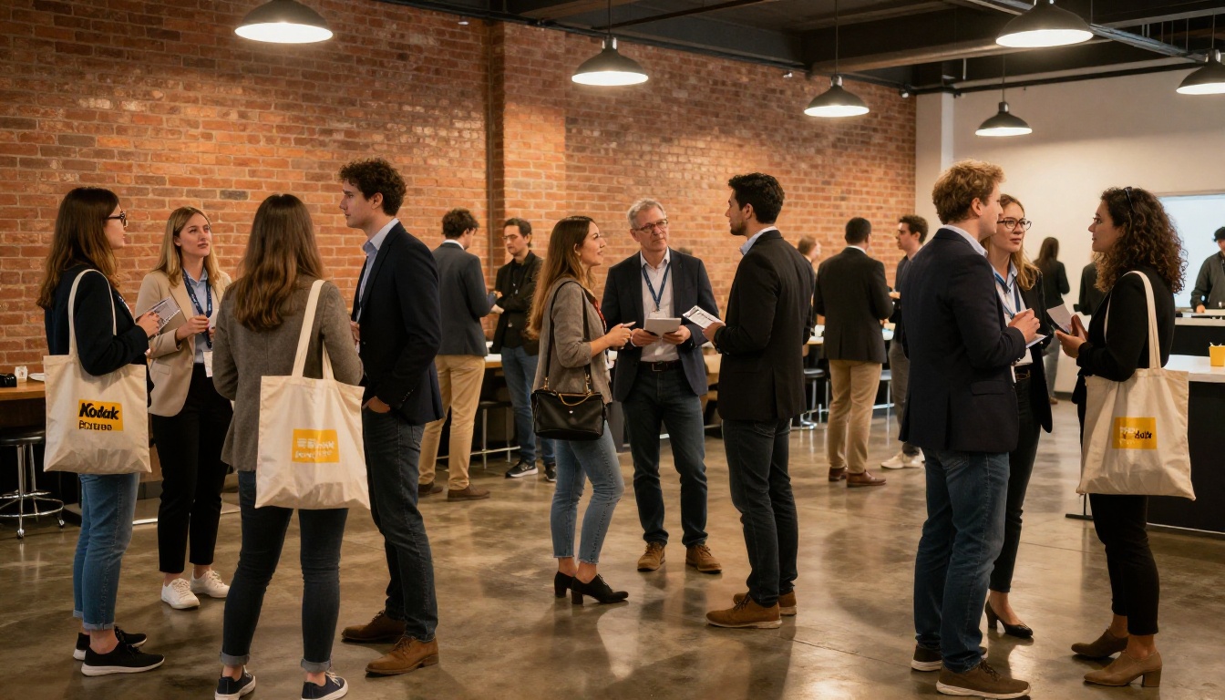 A lively conference networking area with business professionals mingling, holding branded tote bags and printed brochures