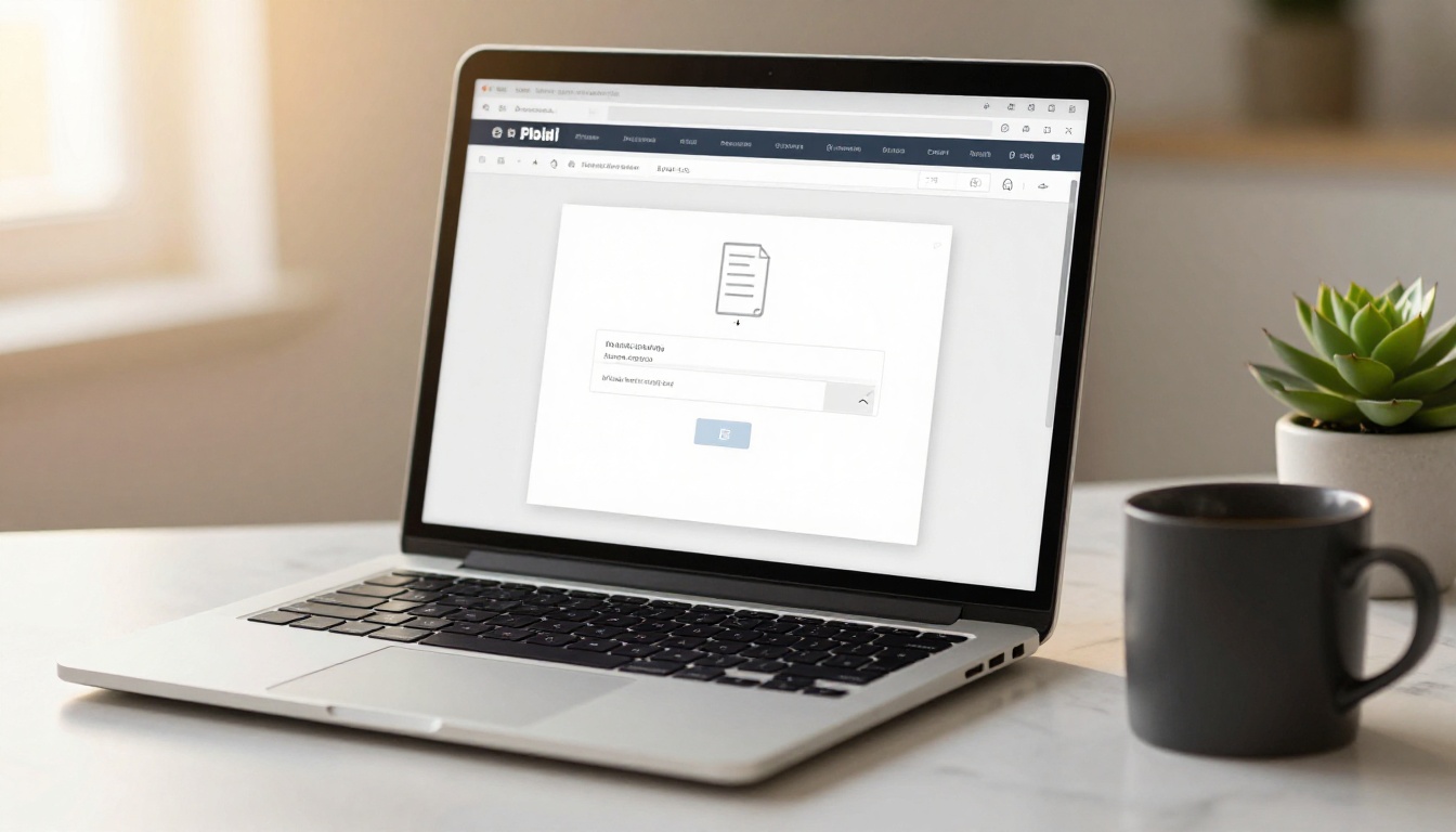 A sleek laptop screen showing a PDF file being uploaded through a clean web browser interface on a marble desk