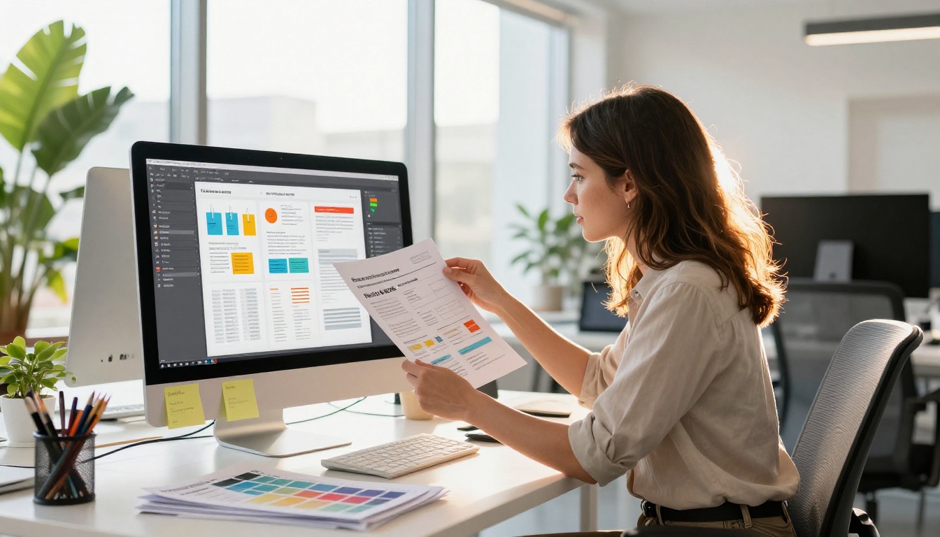A focused female event planner designing conference materials at a bright modern workspace with large monitor