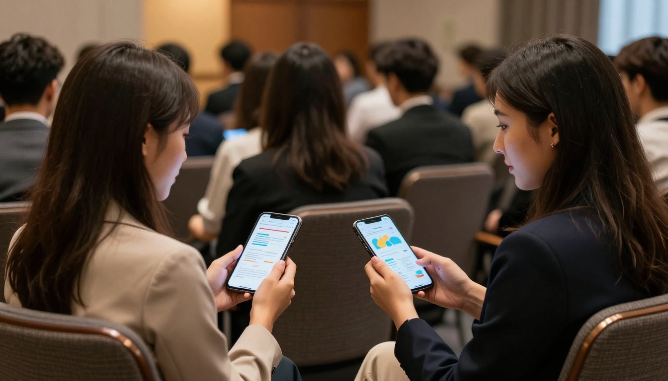 Two young business professionals seated at a conference looking at interactive digital flipbooks on their smartphones