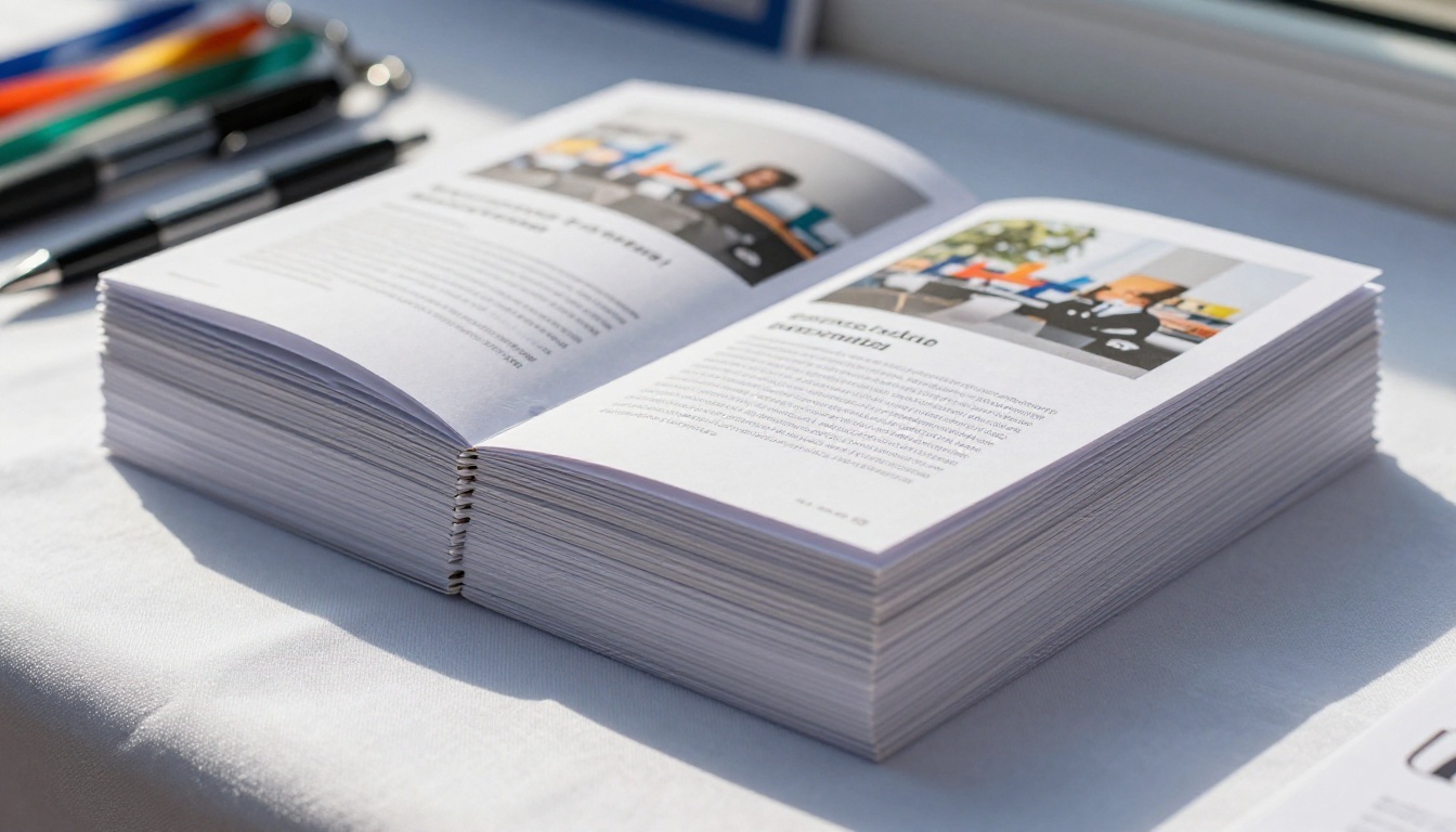A neatly stacked pile of professional conference handout booklets on a white linen registration desk, top booklet open showing a well-designed spread