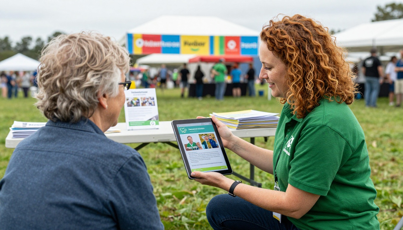 Volunteer coordinator at a community fair showing a nonprofit digital brochure on a tablet to a senior couple, with natural overcast daylight and blurred fair attendees in the background