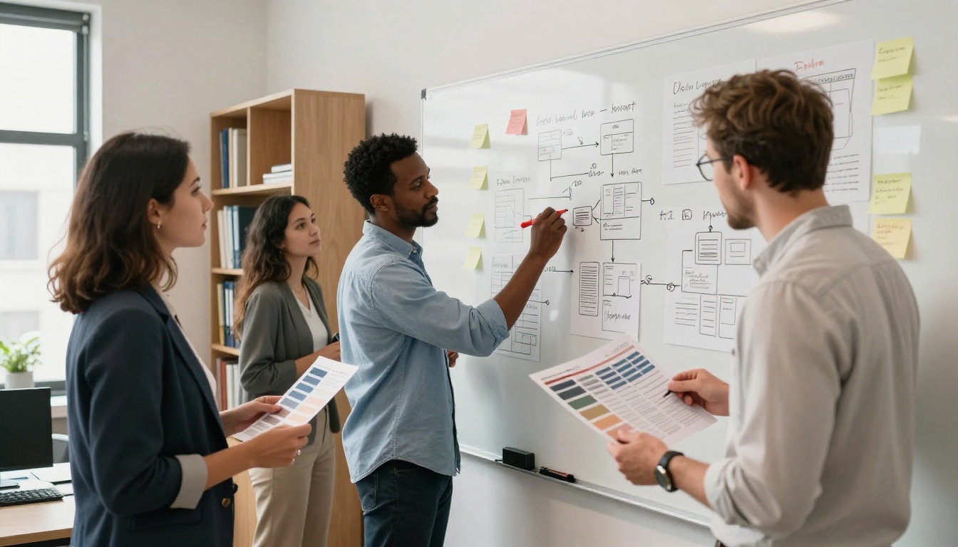 Nonprofit team standing around a large whiteboard covered with sticky notes and flowcharts, planning brochure content in a bright modern office