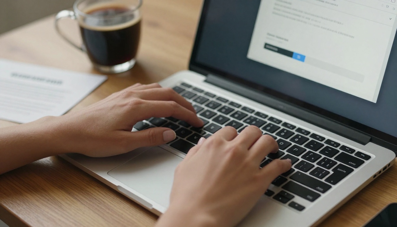 Close-up of a woman's hands uploading a PDF file on a MacBook with a drag-and-drop upload interface visible on screen, a coffee cup to the right, wooden desk with natural morning light from the left