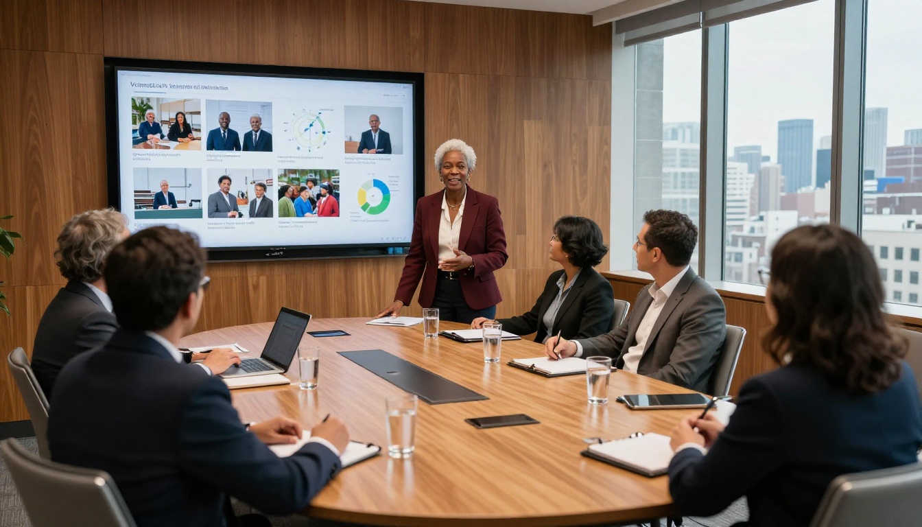 Nonprofit executive director presenting a digital brochure on a large wall-mounted monitor to five board members around a polished conference table with floor-to-ceiling windows showing a city skyline