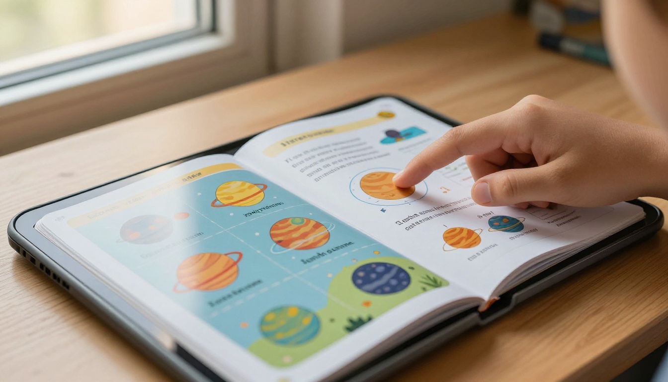 Close-up of a digital flipbook showing an interactive solar system science chapter on a tablet Close-up of a digital flipbook showing an interactive solar system science chapter on a tablet
