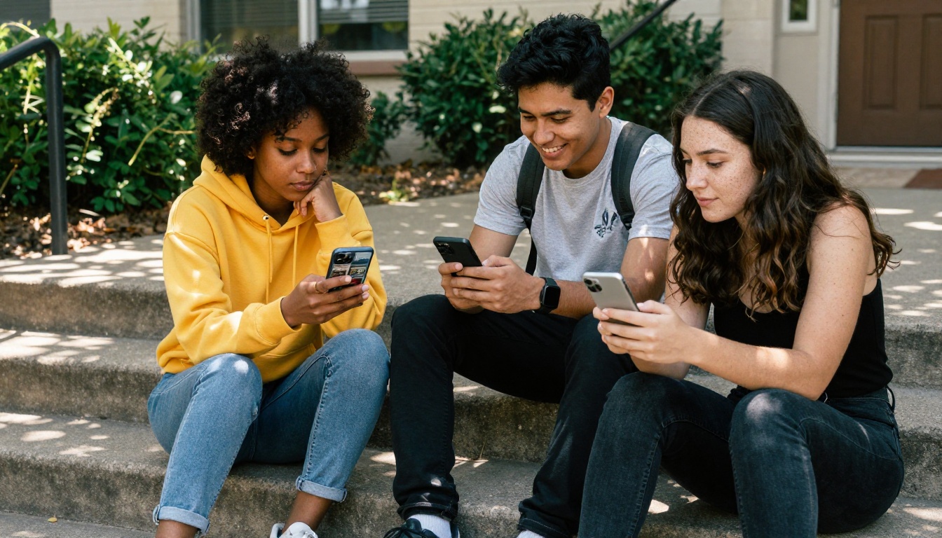 Three young diverse volunteers sitting casually on outdoor steps, sharing a nonprofit digital brochure on their smartphones on a sunny afternoon with dappled light through trees