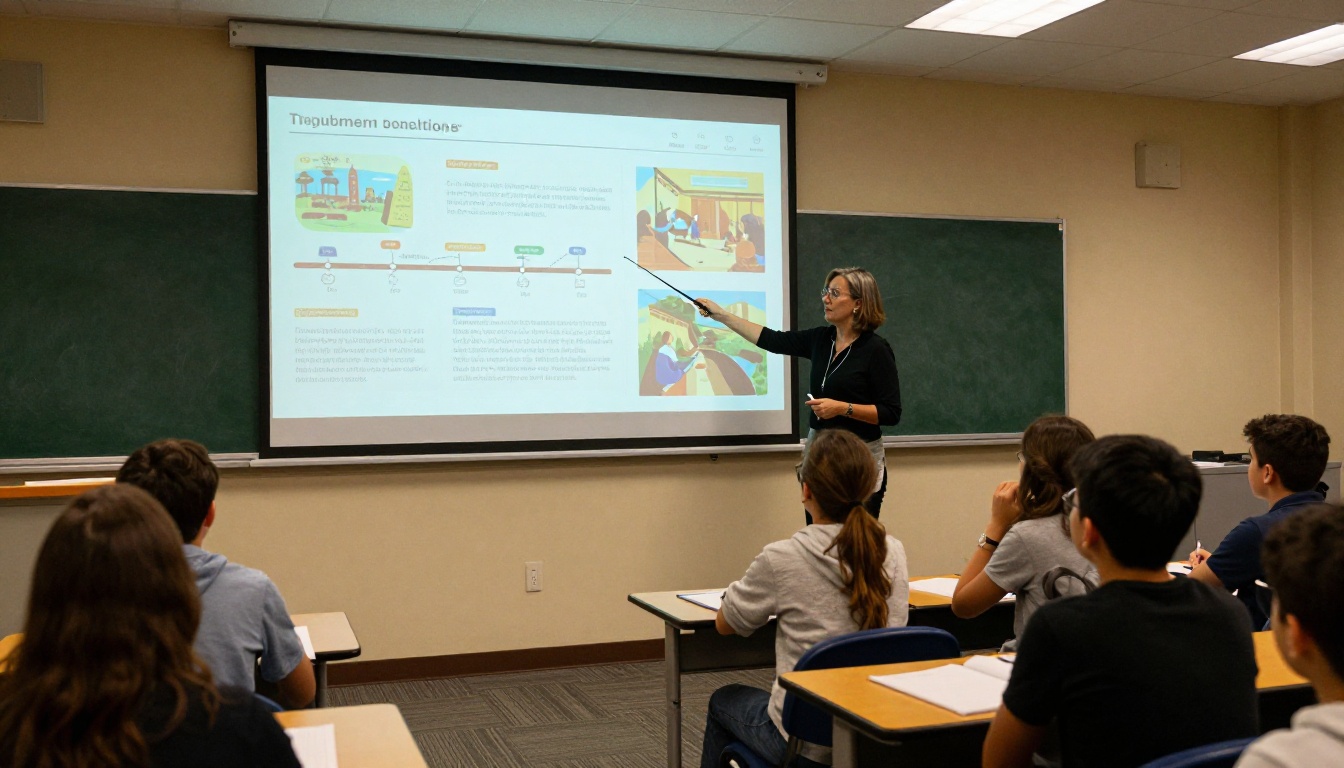 Modern classroom with projector displaying a digital flipbook history presentation Modern classroom with projector displaying a digital flipbook history presentation