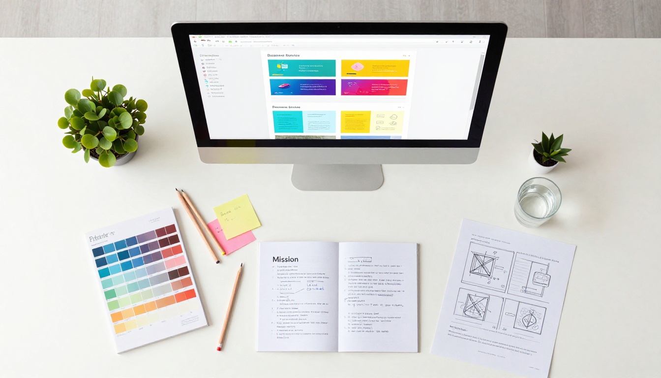 Aerial flat-lay overhead view of a creative workspace desk with colored pencils, pantone swatches, sticky notes, design sketches, a small plant, and a laptop showing a digital brochure template on screen