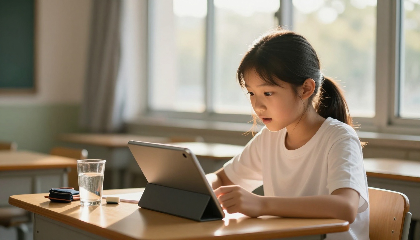 Young female student reading a digital flipbook on tablet by classroom window in golden afternoon light Young female student reading a digital flipbook on tablet by classroom window in golden afternoon light