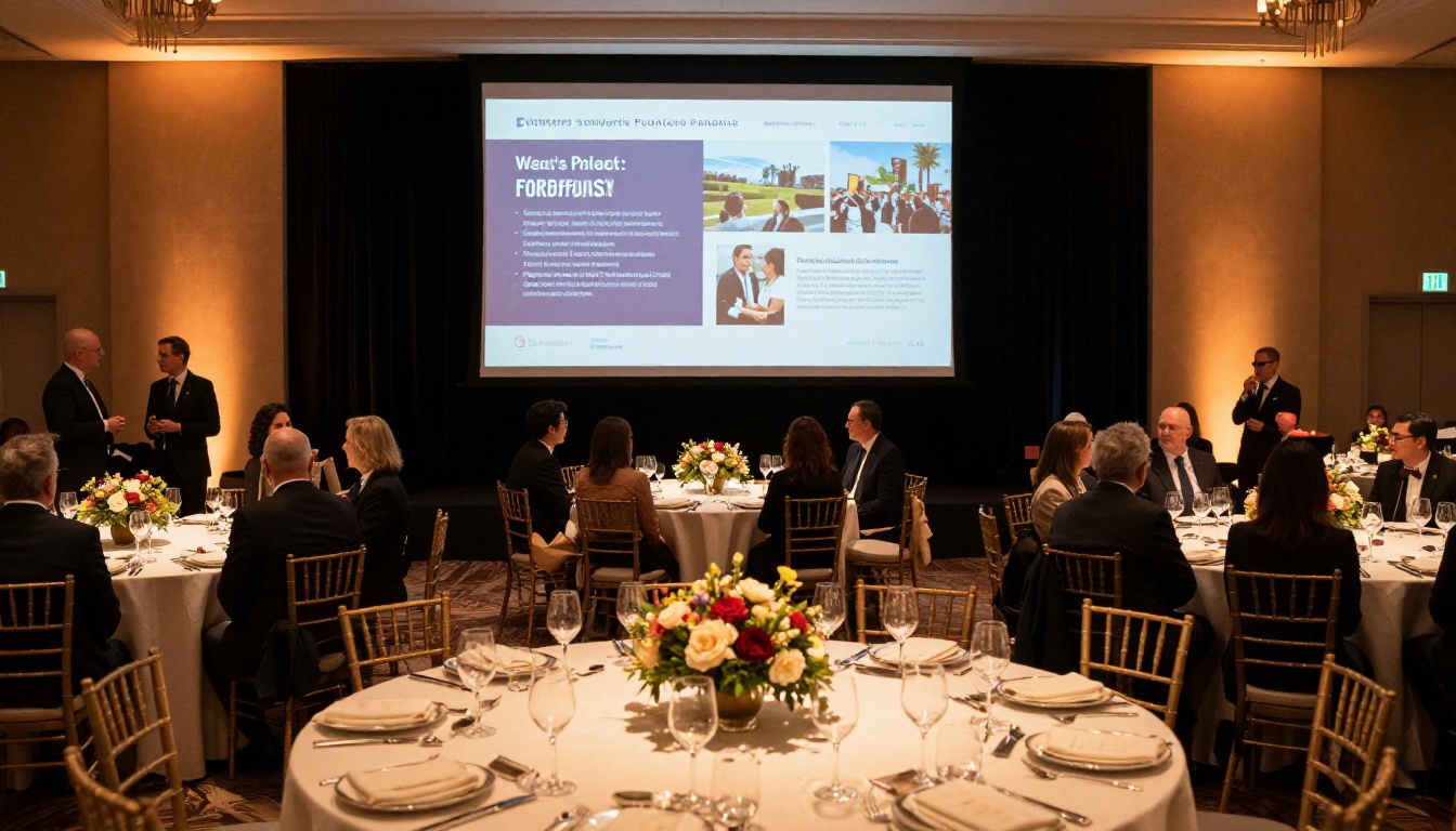 Interior of an elegant nonprofit fundraising gala with round tables, warm amber chandelier lighting, and a large projection screen at the front displaying a digital brochure with impact statistics