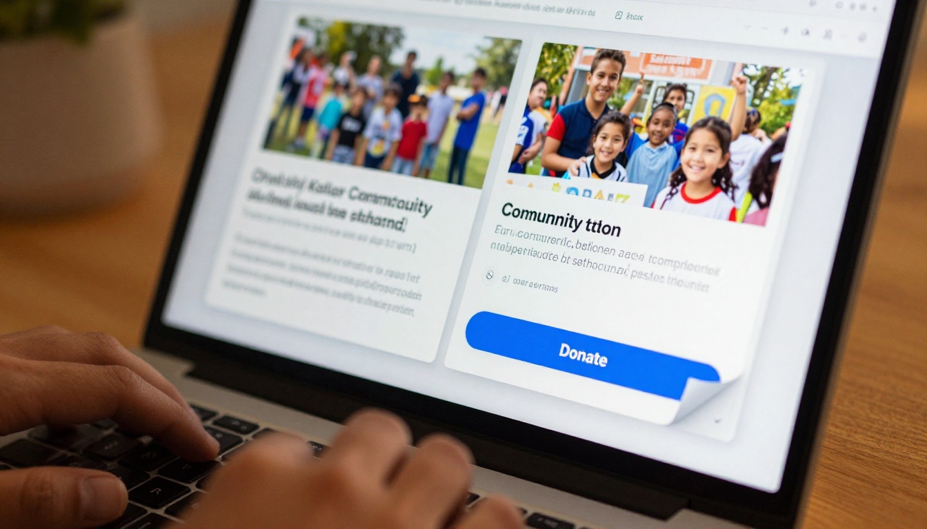 Close-up of a laptop screen showing a beautiful digital flipbook brochure with a realistic page-curl effect at the corner, vibrant community program photos, and a hand visible above the touchpad