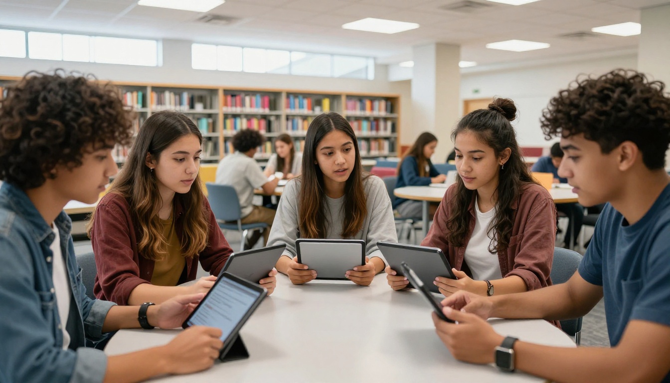 Diverse group of high school students sharing and discussing digital flipbooks in school library Diverse group of high school students sharing and discussing digital flipbooks in school library