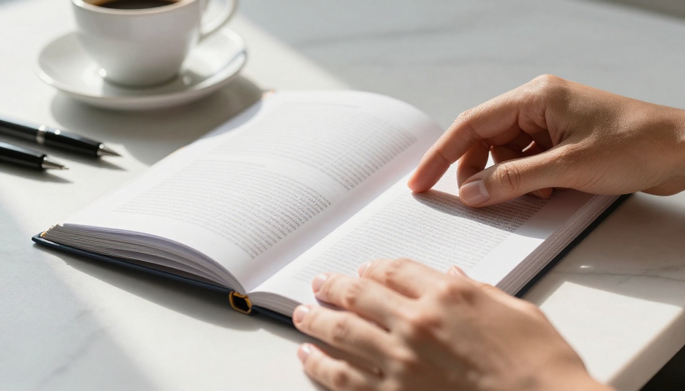 Professional hands slowly flipping through a thick glossy product catalog on a white marble surface with an espresso cup and pens nearby Professional hands slowly flipping through a thick glossy product catalog on a white marble surface with an espresso cup and pens nearby