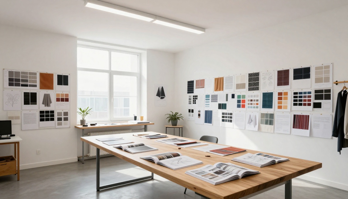 Wide-angle interior of a fashion designer's airy studio with mood boards, fabric swatches, and open catalog spreads pinned to white walls Wide-angle interior of a fashion designer's airy studio with mood boards, fabric swatches, and open catalog spreads pinned to white walls